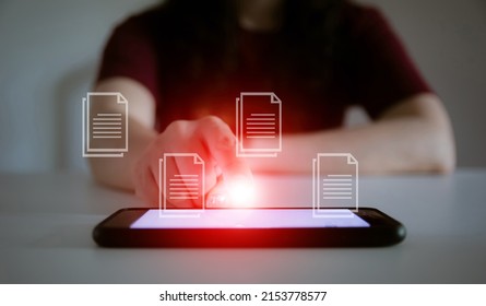 Document Management System (DMS)concept  Technology concept woman finger touch screen smartphone