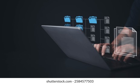 Document management system on computer with document directory. Archiving, Finding, and managing business file information software. Document electronic storage platform technology for the company.