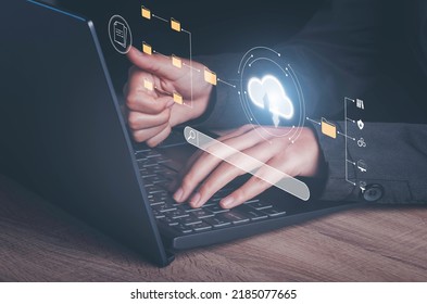 Document Management System(DMS) concept. Digital Cloud comput technology server storage file information business for database security and process automation to efficiently manage files fome laptop.