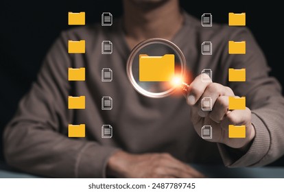 Document management. uses magnifying glass to manage enterprise file content digital asset handling, document sharing, categorization, workflow, and backup data software for efficient storing.