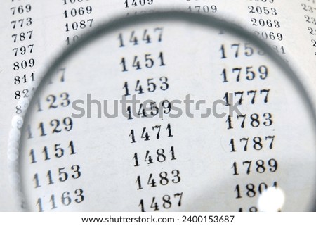 document with many numbers, data encrypt and magnifying glass,. Cipher encryption code or data, closeup