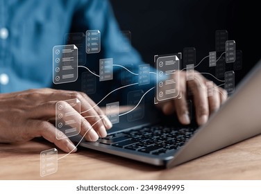 Document Node Planning and digital form checklist by laptop computer, Document Management Checking System, online documentation database and process manage file on networking big data