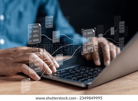 Document Node Planning and digital form checklist by laptop computer, Document Management Checking System, online documentation database and process manage file on networking big data