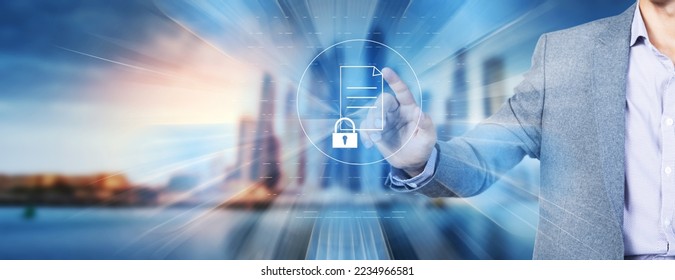 Document with padlock on virtual screen. Man tapping on the screen - Shutterstock ID 2234966581