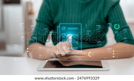 Document Planning and digital form checklist by laptop computer, with a Document Management Checking System, online documentation database, and process management files on a big data network.