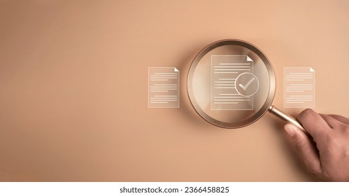Document quality control concept. Magnifying glass focus on correct sign mark with document approve paperless and quality assurance approve. Rules of conduct and policies.