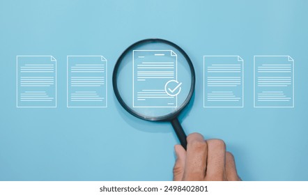 Document quality control concept. Magnifying glass focus on correct sign mark with document approve paperless and quality assurance approve. Rules of conduct and policies.