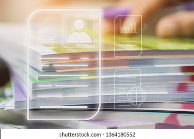 Document Report and business data system business HR technology Concept: Businessman Manager hands holding pen for checking and signing white documents reports papers of files icon in modern office