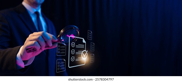 Document review process and quality control concept. Hand holding magnifying glass over a document icon with checklist, Document review and approval. Certificate management, Audit, Standardization