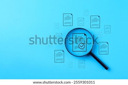 Document review process and quality control concept. Hand holding magnifying glass over a document icon with checklist, Document review and approval. Certificate management, Audit, Standardization,