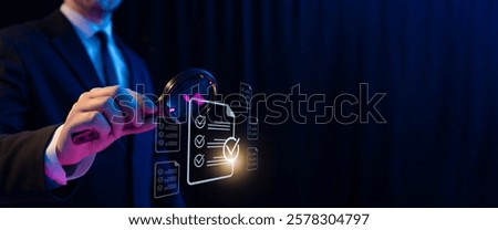 Document review process and quality control concept. Hand holding magnifying glass over a document icon with checklist, Document review and approval. Certificate management, Audit, Standardization