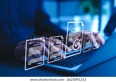 Document Review and Quality Control Process Concept. Person using laptop with document and checkmark icons representing review, validation, approval, verification, auditing, compliance, and workflow.