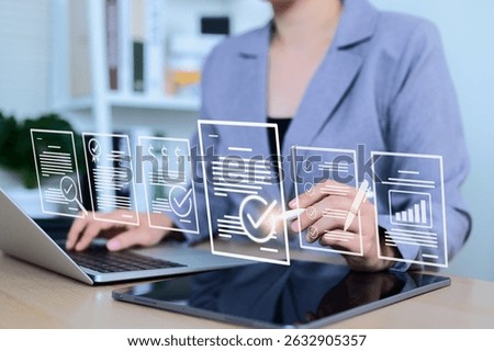 Document review and quality control process concept. Businesswoman using laptop with document and checkmark icons represents review, validation, auditing, verification, approval, compliance, workflow,