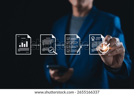 Document Review and Quality Control Process. Businessman interacts with document review and quality control process with digital icons checklist verification, approval, performance tracking. QC, ISO,