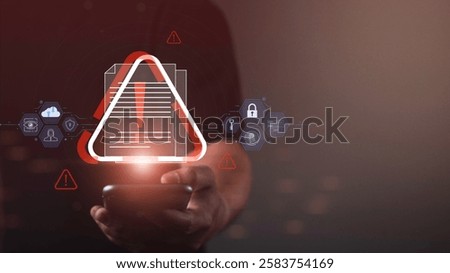 Document Security Alert red Warning for Fraud, Cyber Scams, and Data Risks. Digital safety, exclamation notices, and protection against online threats.