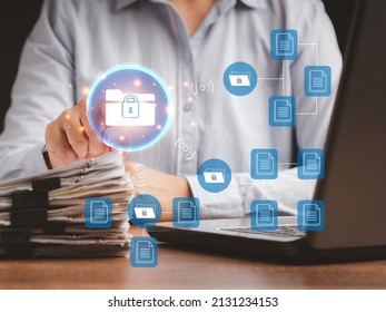 Document security concept. Document management system (DMS). Data encryption. Online documentation database and digital file storage. Log in to file access in the cloud computing system network