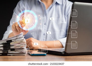 Document Security Concept. Document Management System (DMS). Data Encryption. Online Documentation Database And Digital File Storage. Log In To File Access In The Cloud Computing System Network