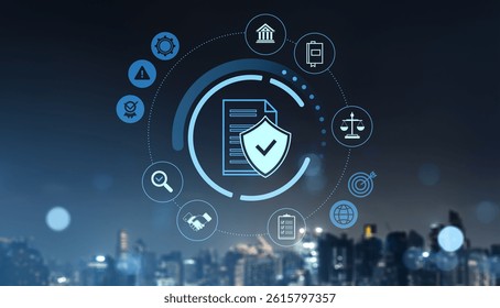 Document security and law compliance icons in digital interface style on a dark city skyline background, representing data protection concept - Powered by Shutterstock - Get 15% off with code: PIKWIZARD15