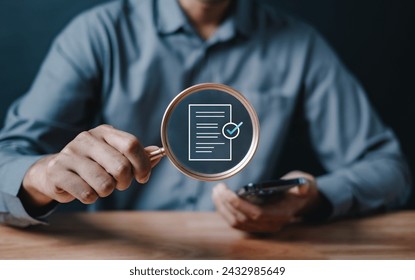 document, technology, information, management, office, typing, database, online, security, file. businessman holding magnifying glass, showing audit document concept, quality assessment management.