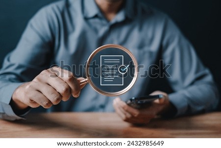 document, technology, information, management, office, typing, database, online, security, file. businessman holding magnifying glass, showing audit document concept, quality assessment management.