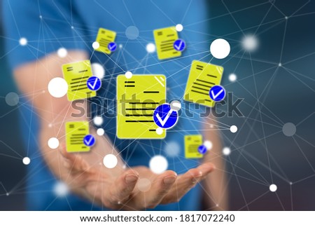 Document validation concept above the hand of a man in background
