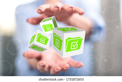 Document validation concept between hands of a woman in background