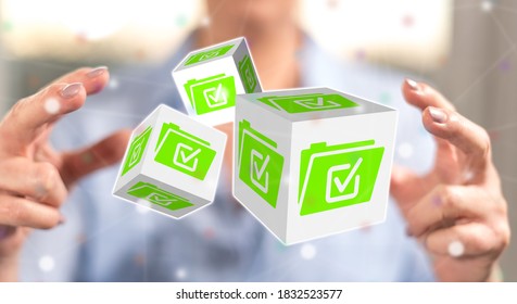 Document validation concept between hands of a woman in background