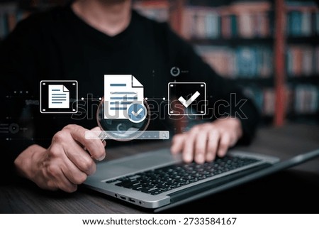 Document verification and approval workflow concept with magnifying glass and checkmark icons. Digital file review, compliance check, and validation process for business, enterprise, audit, and document management systems.