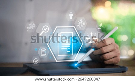 document verification concept ,Businessman checking the steps through document with a list of checkboxes ,legal advice ,ethics concept ,Rules and policies ,Terms and conditions ,policy management