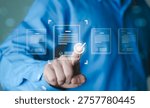 Document workflow system, Cloud storage, document approval, ISO compliance, and secure data processing. Businessman using smartphone managing digital with virtual interface icons for file management.