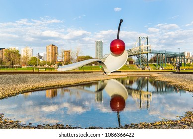 Documentary Editorial Minneapolis, Minnesota/ USA 05.07.18   Spoon Bridge And Cherry At Sculpture Garden By The Walker 