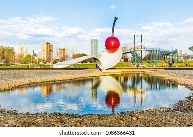 Documentary Editorial Minneapolis, Minnesota/ USA 05.07.18   Spoon Bridge And Cherry At Sculpture Garden By The Walker 