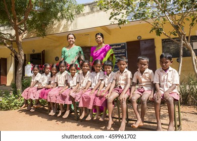 Documentary Image. Pondicherry, Tamil Nadu,India - May 12 2014. School Students In School, Out School, In Groups, With Uniforms. In Government School