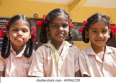 Documentary Image. Pondicherry, Tamil Nadu,India - May 12 2014. School Students In School, Out School, In Groups, With Uniforms. In Government School