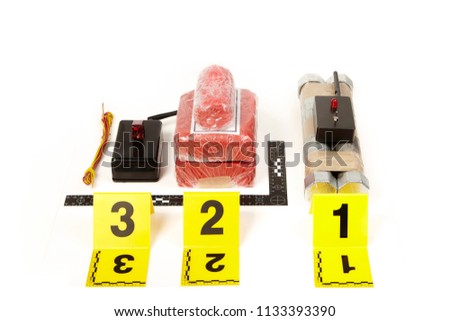 Documentation of seized plastic explosives and bomb components with radio detonator