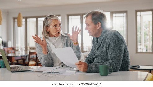 Documents, argument and senior couple with stress for insurance, budgeting and financial crisis. Elderly people, fight and frustrated with paperwork for retirement, healthcare debt or pension at home - Powered by Shutterstock