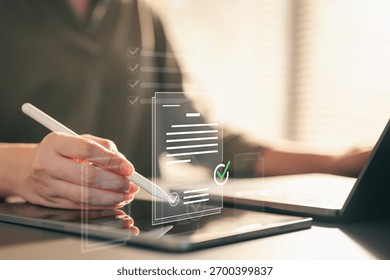 documents, checklist, audit, compliance, workflow, Close-up of a person using a stylus on a tablet with digital documents and checklists, symbolizing approval, validation, and workflow management.