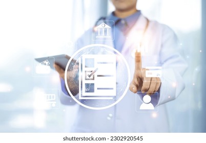Documents concept, Doctor use computer connection server data base patient for technology treatment in hospital.in Documents concept management