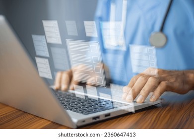 Documents concept, Doctor use computer connection server data base patient for technology treatment in hospital.in Documents concept management	