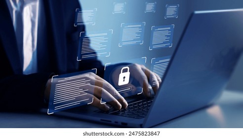 Documents confidentiality,cyber security protection concept. Protecting herself from cyber attacks. Software for security, searching and managing corporate document and employee information.  - Powered by Shutterstock