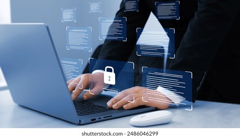Documents confidentiality,cyber security protection concept. Protecting herself from cyber attacks. Software for security, searching and managing corporate document and employee information. 