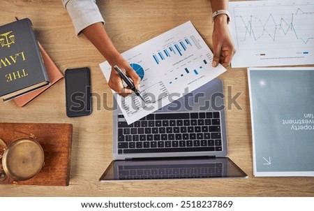 Documents, data analysis and person hands for legal statistics, crime report and charts or graphs above. Laptop, paperwork and infographics of lawyer, people or attorney hands for social media policy