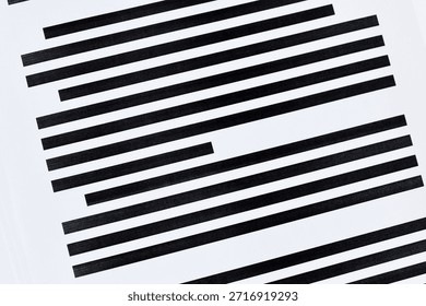 Documents with fully blacked out text. Censorship secrecy and hidden information concept