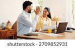 Documents, high five and couple in home with laptop for paying off bills, debt or mortgage. Happy, financial paperwork and man with woman for celebration on computer for internet banking for purchase
