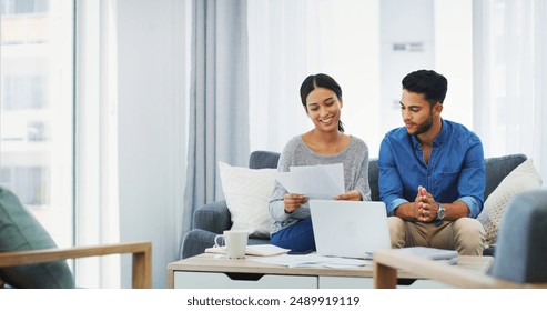 Documents, laptop and portfolio with couple on sofa in home living room for bank payment. Accounting, finance or refund with man and woman in apartment to review loan, mortgage or tax on computer - Powered by Shutterstock