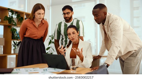 Documents, laptop and problem solving with business people in office for financial analysis or planning. Administration, investment and meeting with employee team in workplace for strategy workshop