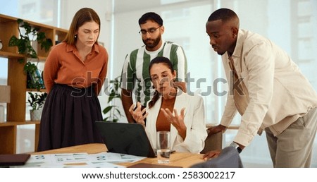 Documents, laptop and problem solving with business people in office for financial analysis or planning. Administration, investment and meeting with employee team in workplace for strategy workshop