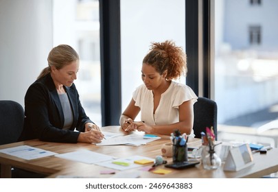 Documents, meeting and business people in office for discussion, legal consulting and agreement. Corporate lawyer, law agency and women and paperwork for client contract, collaboration and report - Powered by Shutterstock