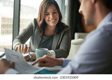 Documents, meeting and business people planning on spreadsheet, data analysis and statistics report for budget. Professional woman, accountant partner or clients for paperwork, profit or taxes advice - Powered by Shutterstock