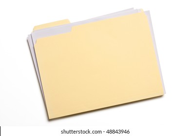 Documents Stuffed In Manila Folder Isolated On White.